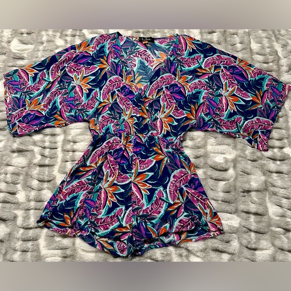 Lulus Hypnotized Purple Gauzy Tropical Print Faux Wrap Romper w Kimono Sleeves - Picture 6 of 11